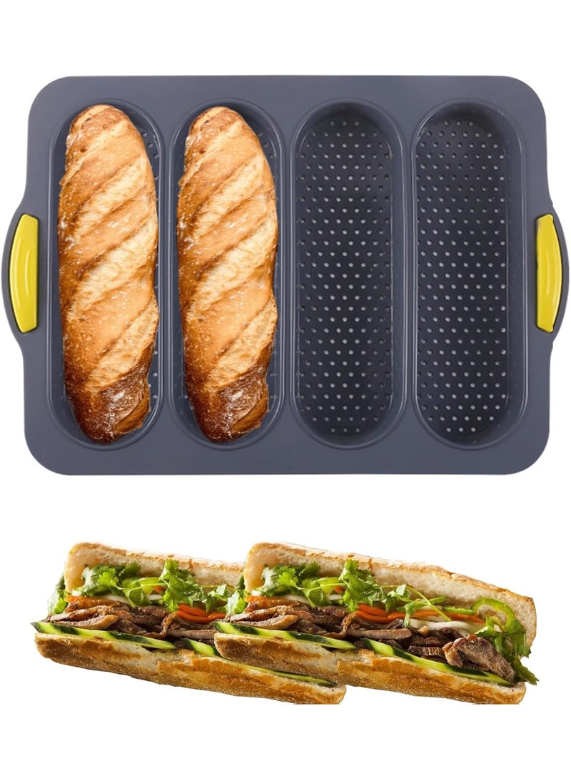 Non-Stick Silicone French Bread Loaf Pan with 4 Buns Mold, Black Food-Grade Baking Tray for Loaf, Hot Dog Buns, Sandwich & Homemade Breads - Image 3