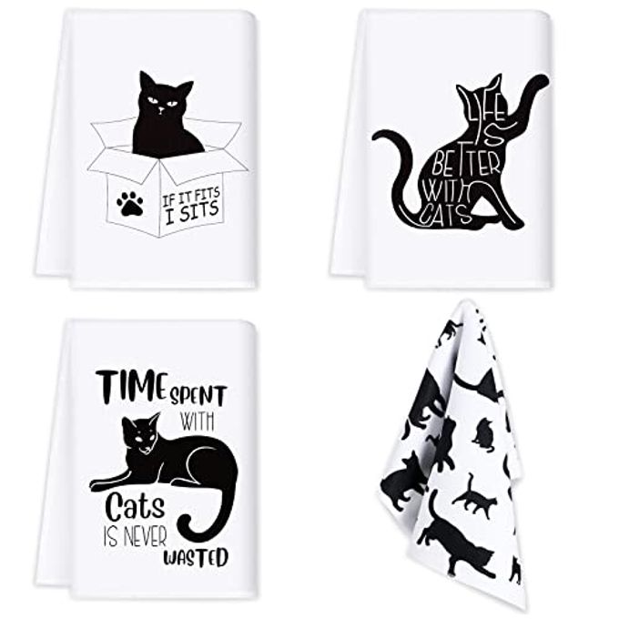 Vesici 4 Pcs Black Cat Hand Towels for Bathroom Decor Funny Black Cat Kitchen Towels Cute Decorative for Bathroom Kitchen Decor, 23.5 x 16 Inches
