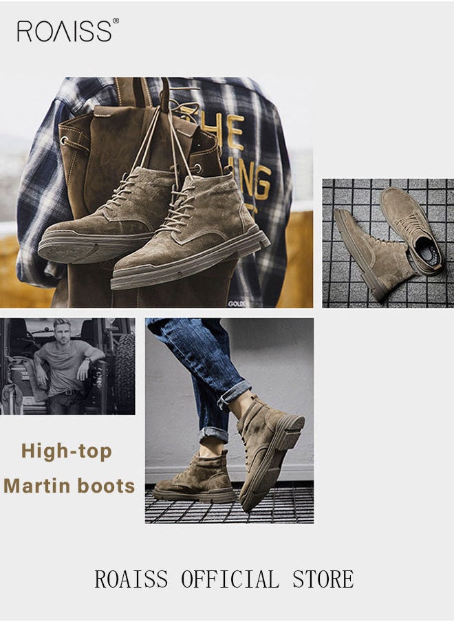 roaiss - Men’s Soft Leather Ankle Casual Loafers Lace-Up Anti Slip Walking Shoes Men's Tooling Style Martin Boots Men Casual Mid Top Leather Boots  Men's Boots Ankle Lace Up Casual Boots - Image 1