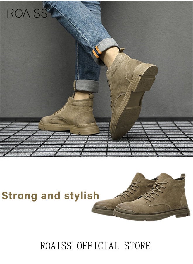 roaiss - Men’s Soft Leather Ankle Casual Loafers Lace-Up Anti Slip Walking Shoes Men's Tooling Style Martin Boots Men Casual Mid Top Leather Boots  Men's Boots Ankle Lace Up Casual Boots - Image 1