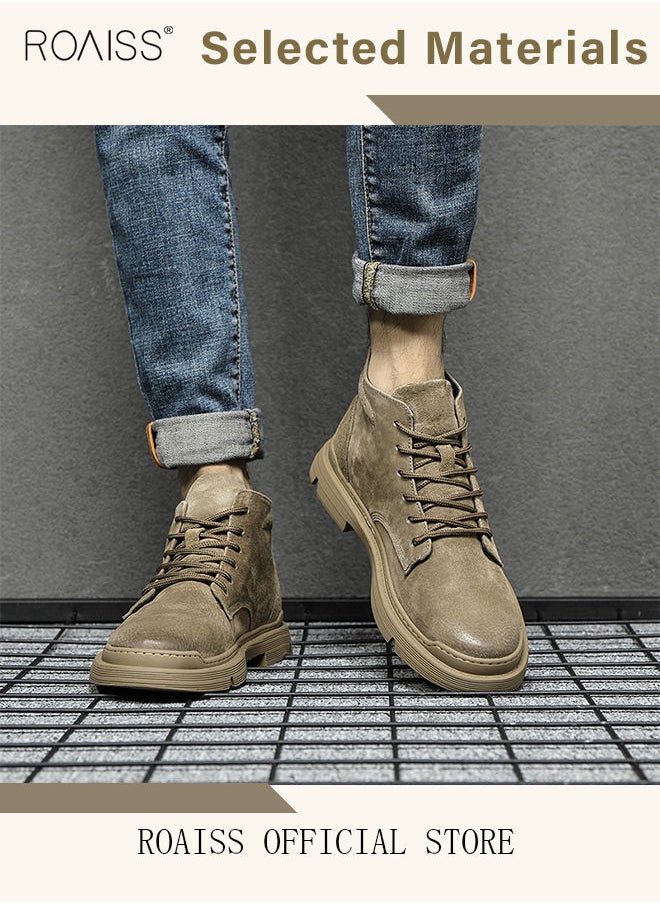 roaiss - Men’s Soft Leather Ankle Casual Loafers Lace-Up Anti Slip Walking Shoes Men's Tooling Style Martin Boots Men Casual Mid Top Leather Boots  Men's Boots Ankle Lace Up Casual Boots - Image 1