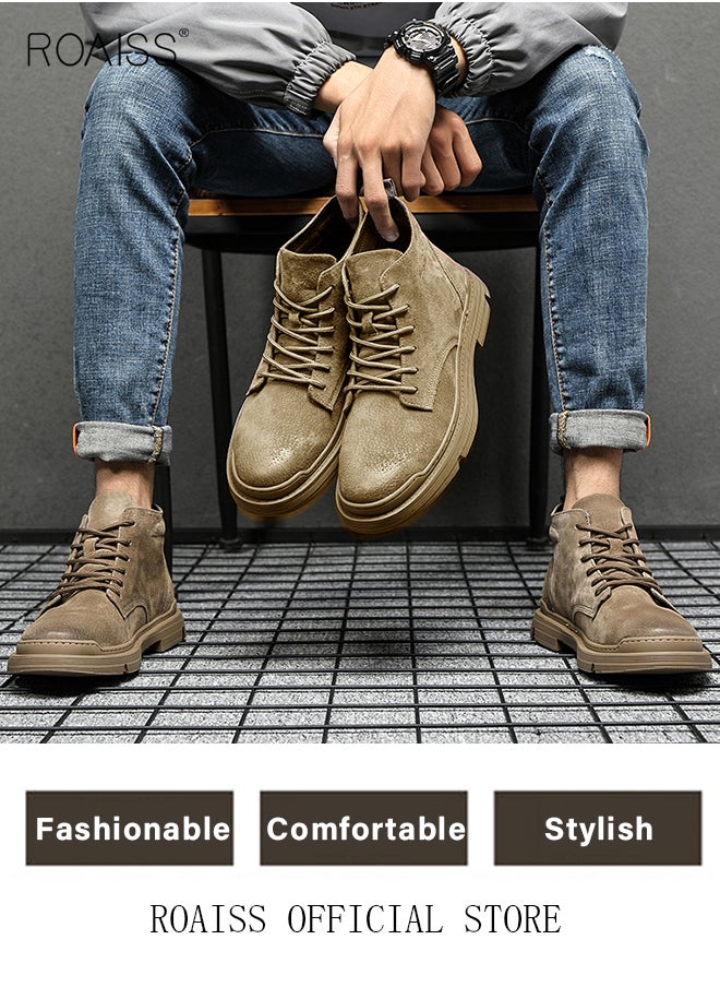roaiss - Men’s Soft Leather Ankle Casual Loafers Lace-Up Anti Slip Walking Shoes Men's Tooling Style Martin Boots Men Casual Mid Top Leather Boots  Men's Boots Ankle Lace Up Casual Boots - Image 1