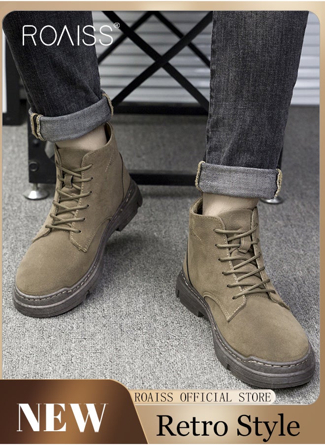 roaiss - Men’s Soft Leather Ankle Casual Loafers Lace-Up Anti Slip Walking Shoes Men's Tooling Style Martin Boots Men Casual Mid Top Leather Boots  Men's Boots Ankle Lace Up Casual Boots - Image 1