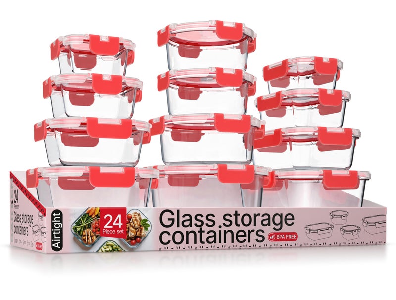 BAKKENMASTER Bakken Borosilicate Glass Food Storage Containers with Lids 24 Pieces, BPA-Free Stackable Lunch & Leftover Containers, Microwave, Freezer & Dishwasher Safe, 100% Airtight Leak-Proof, Red - Image 1