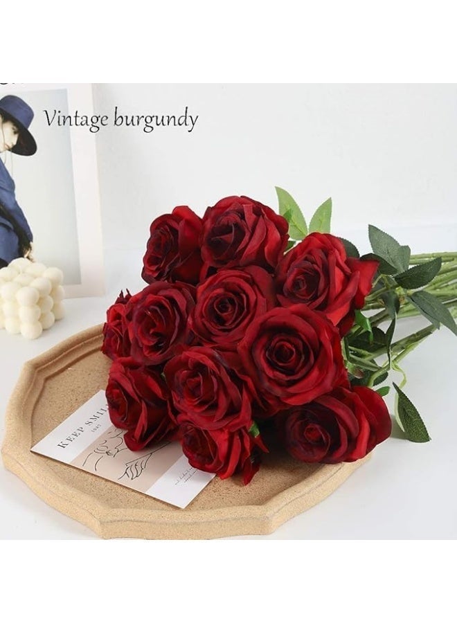 10Pcs Real Touch Artificial Red Roses - Lifelike Red Roses for Wedding Bouquets, Bridal Decor, Tall Vases, Home & Party Decor, Indoor Garden - Image 1