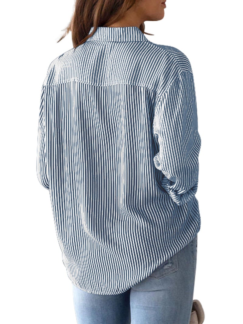 CUNLIN Women's Dark Blue Top Womens Long Sleeve Blouse Button Down Shirt Shirts Striped Women Blouses for Oversized Tops Midnight Blue Size L - Image 2