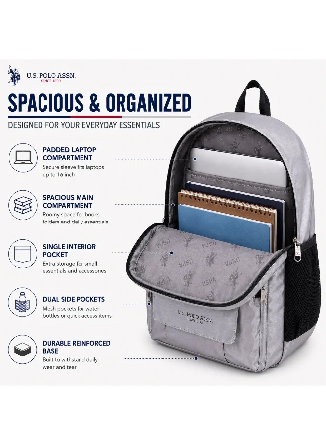 U.S. Polo Assn. GREY U.S. Polo Assn. Classic Stone Grey Classic Flap Backpack for School and Office MultiCompartment Bag for Campus  | Best Price UAE