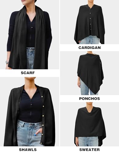 PULI Women's Versatile Knitted Shawls Scarf Poncho Sweater with Buttons Lightweight Spring Summer Fall Wraps black - Image 3
