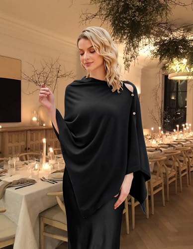 PULI Women's Versatile Knitted Shawls Scarf Poncho Sweater with Buttons Lightweight Spring Summer Fall Wraps black - Image 2