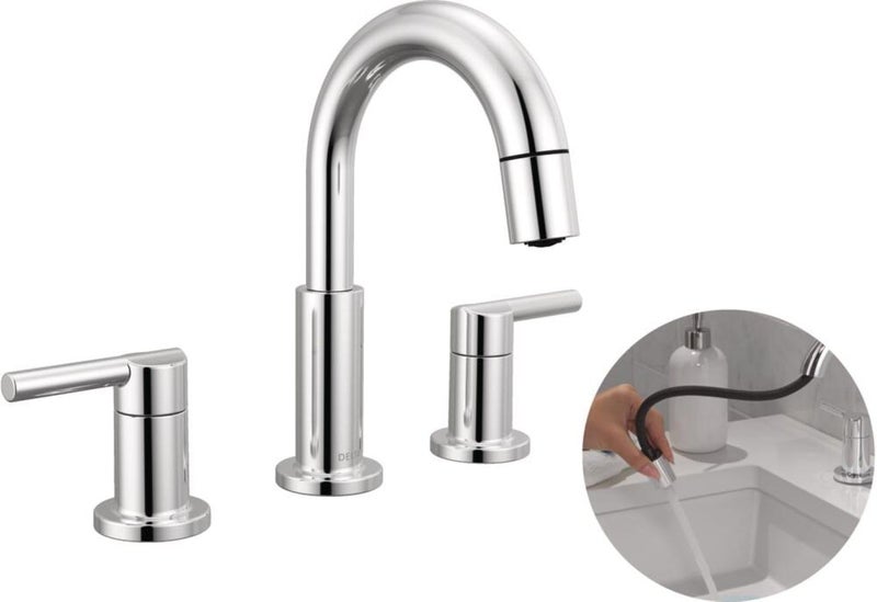 Delta Nicoli Chrome Bathroom Faucet with Sprayer 8 Inch 3 Hole Widespread Bathroom Sink Faucet with Pull Out Sprayer PushPop Drain Chrome 35749LFPD