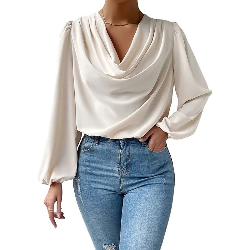 2024 Elegant Chiffon Lantern Sleeve Blouse for Women Apricot - Image 1