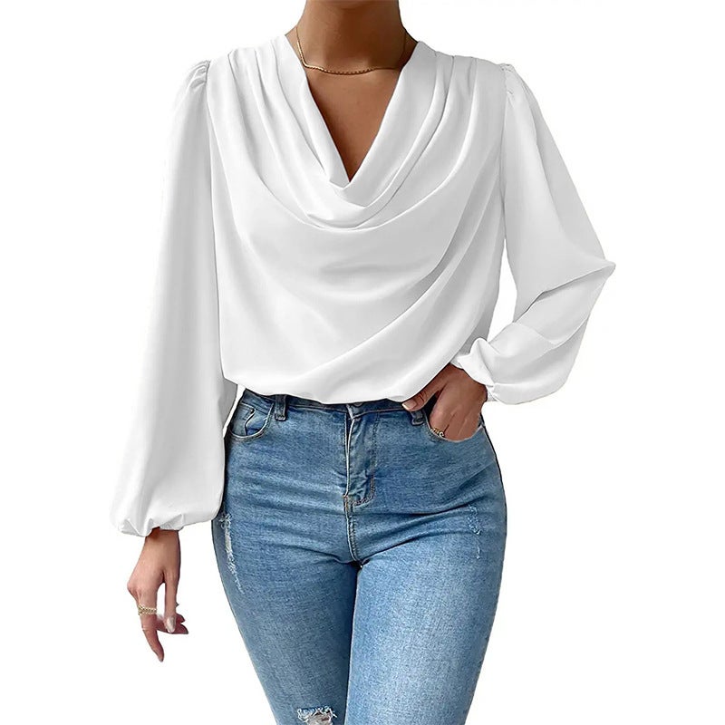 2024 Elegant Chiffon Lantern Sleeve Blouse for Women Apricot - Image 4