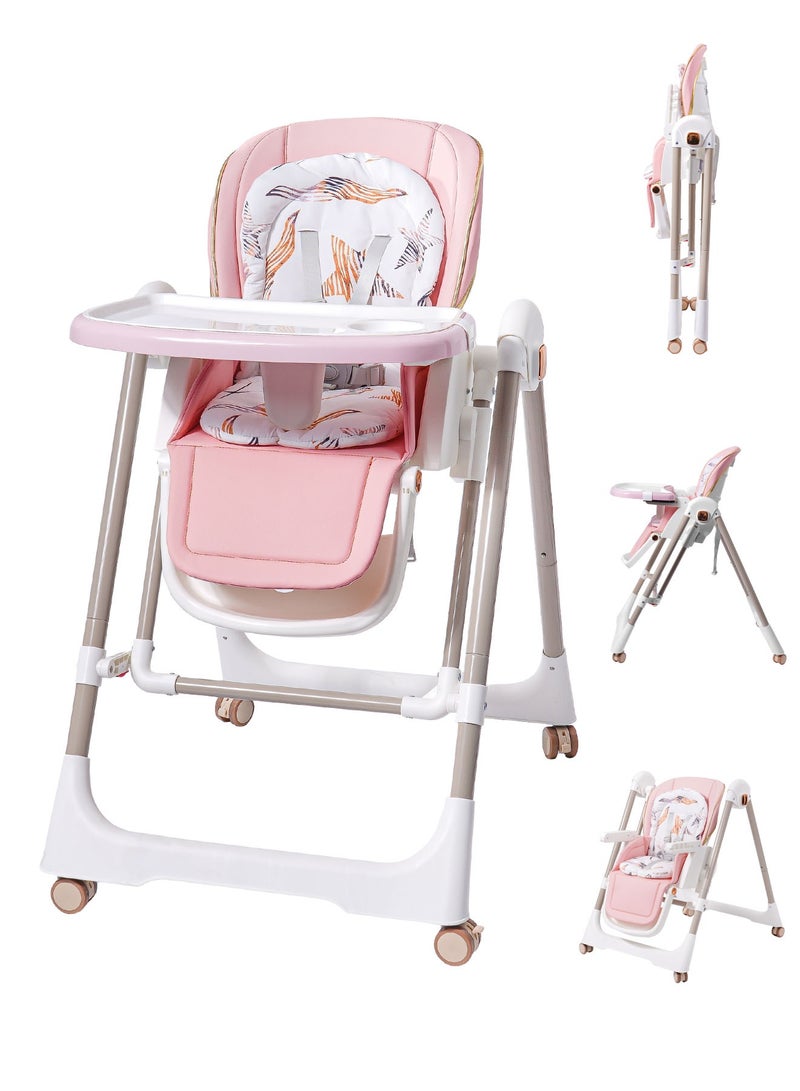AL-WAHA AL-ZHABIA Baby High Chair | 5-Level Adjustable Foldable High Chair with Wheels & Double Trays | 4-Position Reclining Seat & 3-Stage Footrest | Safe Feeding Chair for Infants 6M-3 Years - Image 1