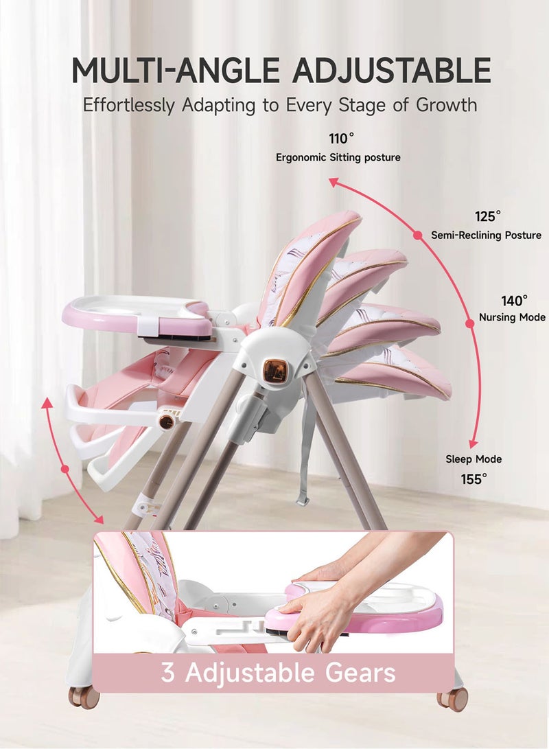 AL-WAHA AL-ZHABIA Baby High Chair | 5-Level Adjustable Foldable High Chair with Wheels & Double Trays | 4-Position Reclining Seat & 3-Stage Footrest | Safe Feeding Chair for Infants 6M-3 Years - Image 3