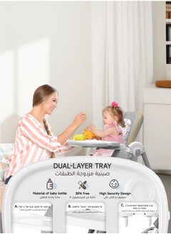 AL-WAHA AL-ZHABIA Baby High Chair | 5-Level Adjustable Foldable High Chair with Wheels & Double Trays | 4-Position Reclining Seat & 3-Stage Footrest | Safe Feeding Chair for Infants 6M-3 Years  - Image 4