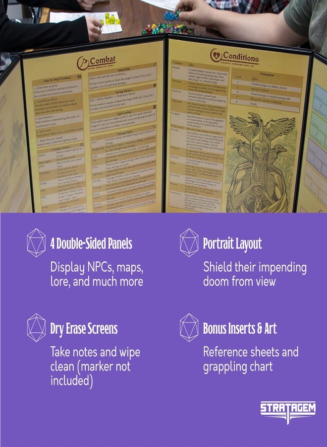 ستراتاجيم شاشة مدير اللعبة القابلة للتخصيص من 4 لوحات من Stratagem The Master's Tome مع إضافات مجانية - قابلة للمسح الجاف، ملحق للزنزانة ومدير اللعبة لحملات ألعاب تقمص الأدوار على الطاولة (بني) - Image 4