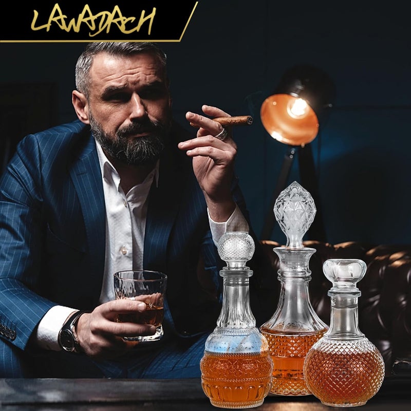 LAWADACH طقم زجاجات ديسكانتر الويسكي - زجاجة ديسكانتر إبداعية للمشروبات، ديسكانتر للتكيلا، بوربون وفودكا هدايا ويسكي فريدة للرجال، الآباء وزينة بار المنزل (17.6 أونصة * 2، 17 أونصة * 1) - Image 3