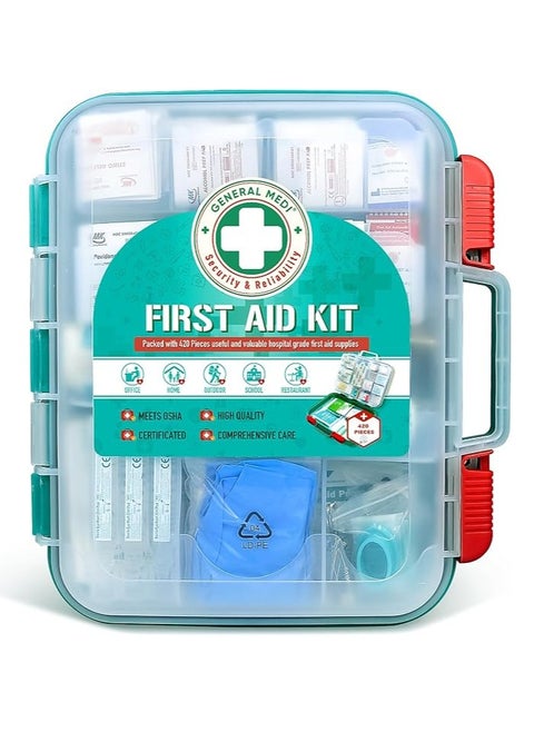 General Medi 420 Pieces Professional First Aid Kit - HardCase First Aid Box - Contains Premium Medical Supplies for Travel, Home, Office, Vehicle, Camping, Workplace & Outdoor