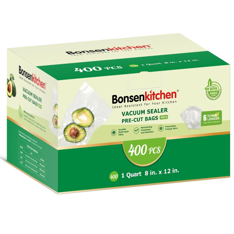 Bonsenkitchen Vacuum Sealer Bags,400 Quart 8" x 12" Precut Food Sealer Bags, Commercial Grade, BPA Free, Heavy Duty, Customized Size Vacuum Bags for Vac Storage, Meal Prep or Sous Vide Cooking, VB14 - Image 1