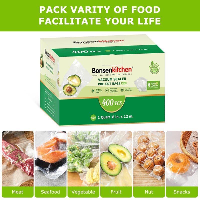 Bonsenkitchen Vacuum Sealer Bags,400 Quart 8" x 12" Precut Food Sealer Bags, Commercial Grade, BPA Free, Heavy Duty, Customized Size Vacuum Bags for Vac Storage, Meal Prep or Sous Vide Cooking, VB14 - Image 3
