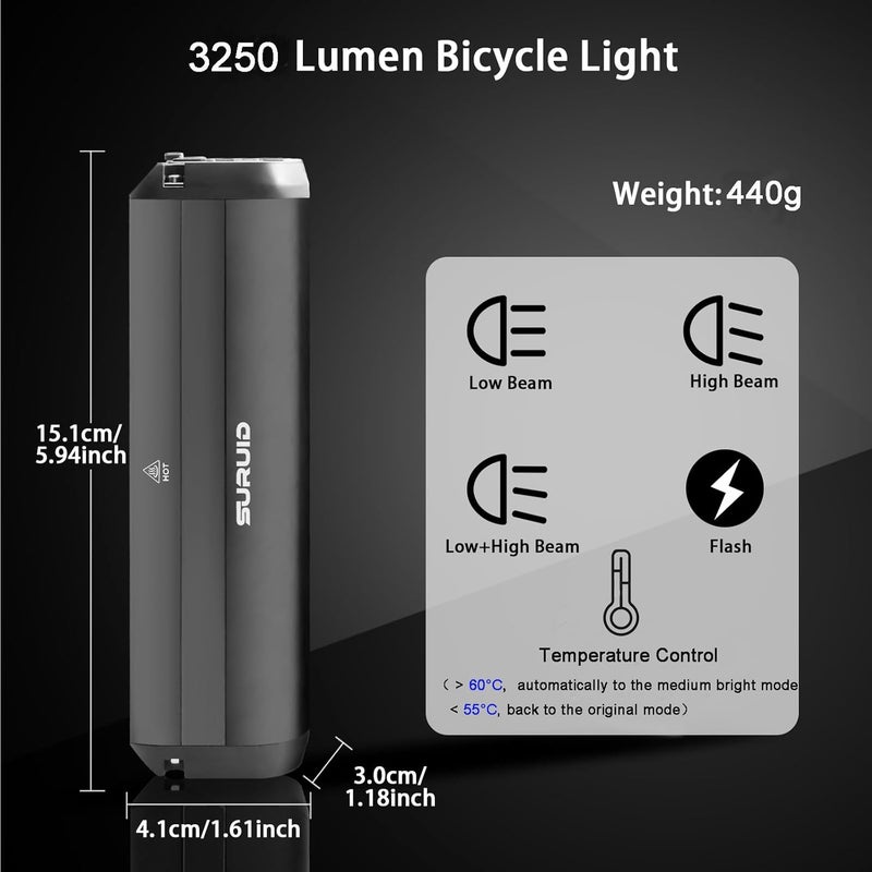 Suruid ضوء دراجة LED فائق السطوع من Suruid، مصباح أمامي للدراجة قابل لإعادة الشحن عبر USB، مصباح أمامي للدراجة مقاوم للماء، مصباح أمامي للدراجة مقاوم للماء، ضوء تشغيل نهاري، ركوب الدراجات الجبلية على الطرق الوعرة والتنقل - Image 2