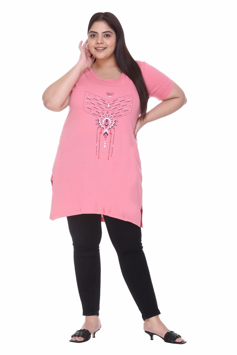 CUPID Women Plus Size Cotton Round Neck Half Sleeve T-Shirt, Nightwear, Sleepwear, Daily Use Gym n Lounge Wear Long Tops for Ladies_Blush Pink_4XL - Image 2