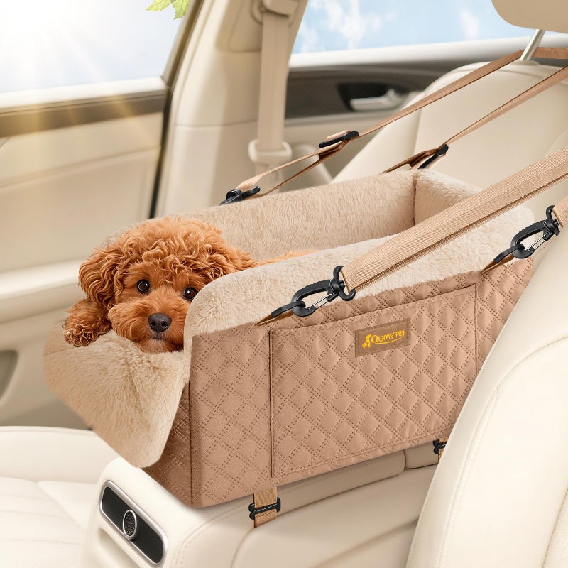 QUMY Dog Car Seats for Small Dogs Up to 11lbs, Portable Center Console Dog Booster Seat, Multi-Purpose Puppy CarSeat with Adjustable Safety Belt, Travel Pet Car Carriers for Small Dogs and Cat, Khaki - Image 1