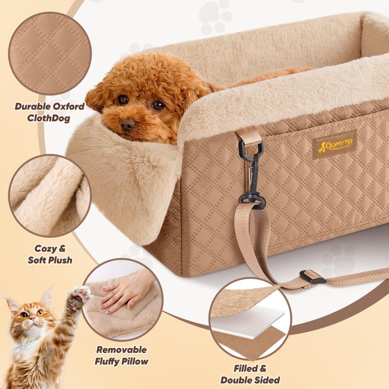 QUMY Dog Car Seats for Small Dogs Up to 11lbs, Portable Center Console Dog Booster Seat, Multi-Purpose Puppy CarSeat with Adjustable Safety Belt, Travel Pet Car Carriers for Small Dogs and Cat, Khaki - Image 3