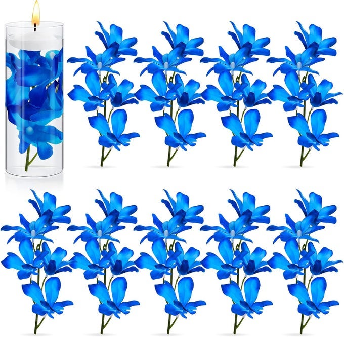 16 PIECES ORCHID FAUX FLOWERS FLOATING CANDLES CENTERPIECE WEDDING TABLE CENTERPIECES VASE FILLERS FILLING FOR WEDDING BIRTHDAY PARTY TABLE DECORATIONS SKY BLUE