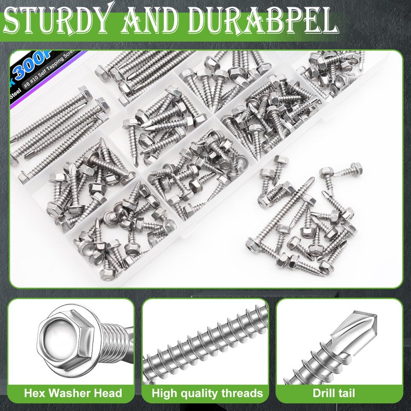 mxuteuk 300PCS #8#10 Self Tapping Screws for Metal,410 Stainless Steel Self Drilling Screws,Hex Washer Head Sheet Metal Screws Suitable for Wood, Metal or Tough Materials(150pcs Screw+150pcs Washer) - Image 3