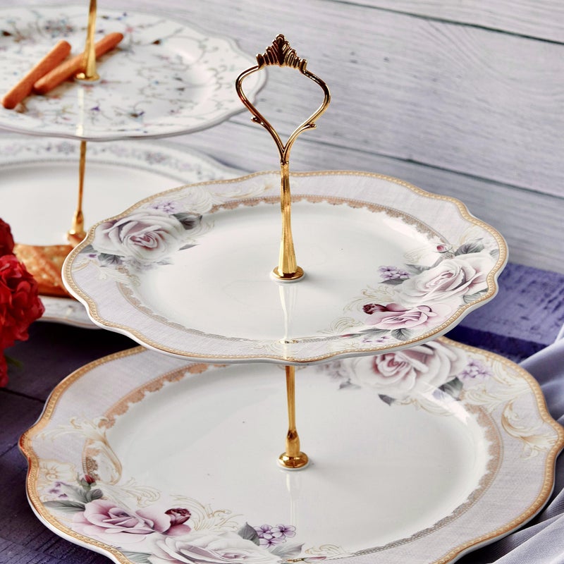 Vigneto Gold Roses Two Tier Dessert Stand, Cupcake Display and Cake Stand, Detachable Serving Dessert Tower | Finest Premium Porcelain - Image 1