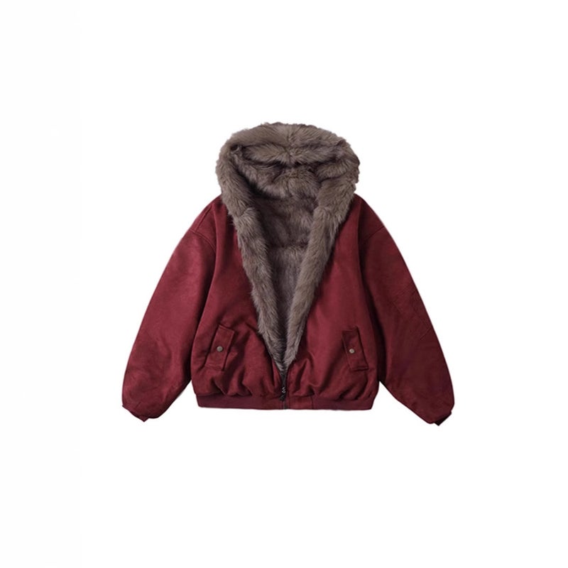 Women's Double-Sided Eco-Fur Hooded Jacket Color-Block Zipper Outerwear - Image 5