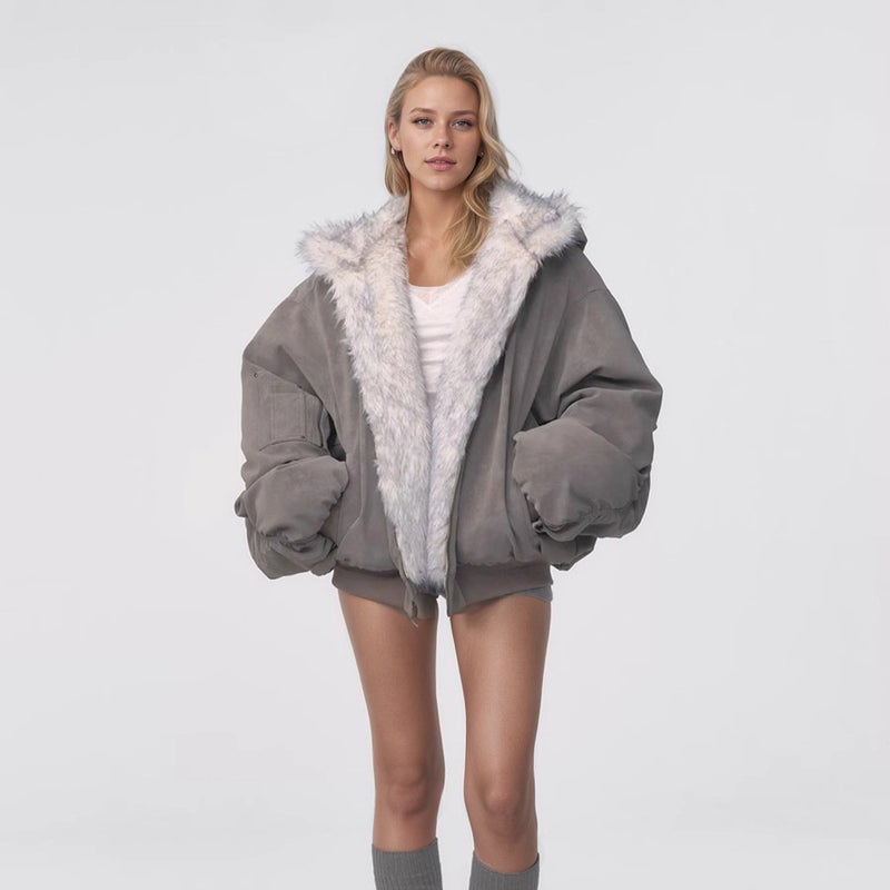 Women's Double-Sided Eco-Fur Hooded Jacket Color-Block Zipper Outerwear - Image 2
