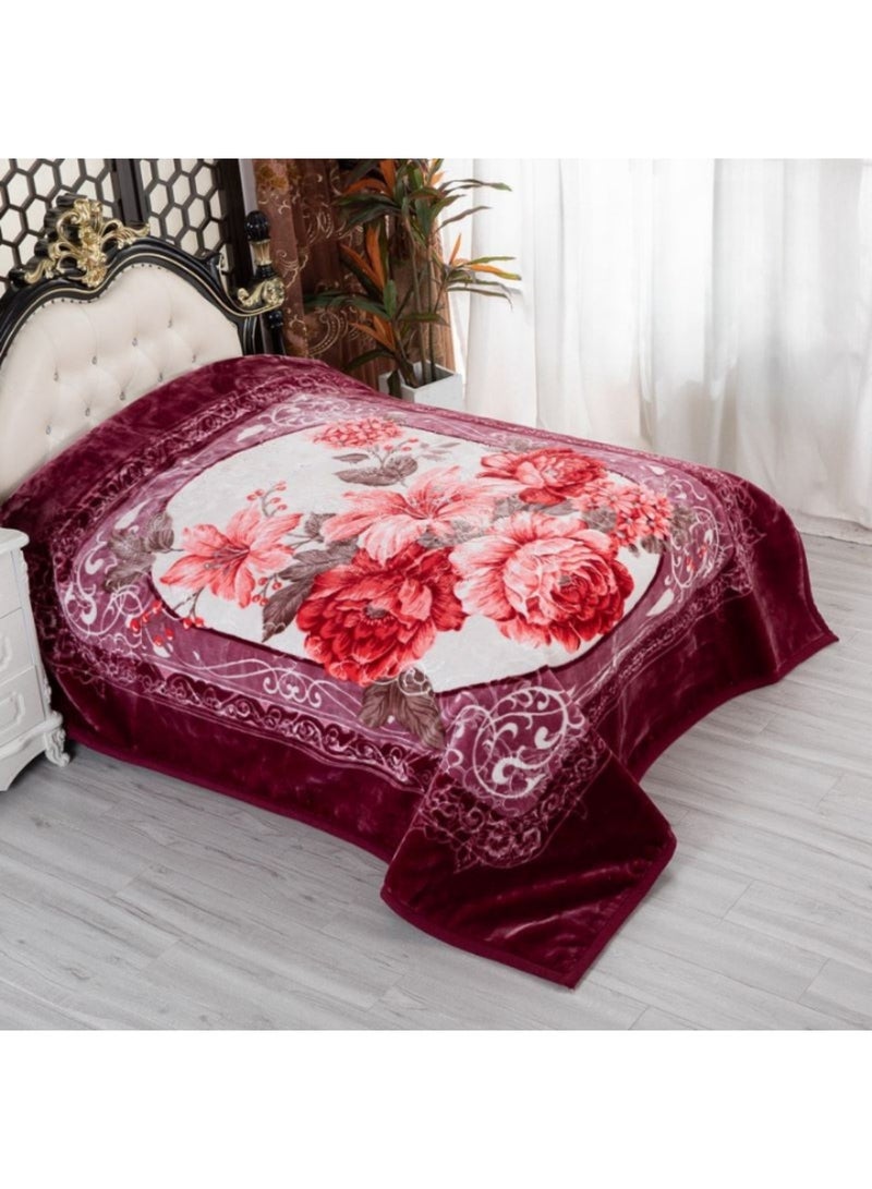 Thick, heavyweight velvet winter blanket for a double bed; warm, heavy, fluffy, and soft with a floral print. - Image 1