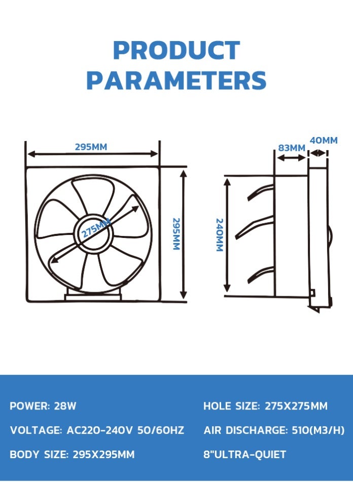 MODI Square Connection Silent 8 Inch Exhaust Fan – Wall Mount Ventilation for Kitchen, Bathroom & Rooms with Strong Airflow and Energy-Saving Motor 28W - Image 2