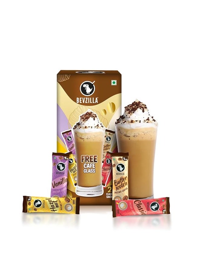 Bevzilla Premium Glass & 25 Flavoured Coffee Sachets/Pouch Box | Butterscotch, Classic, Vanilla & Hazelnut Flavour | Preimum Gift Box| Espresso, Latte,Cappuccino | Hot & Cold Brews - Image 1