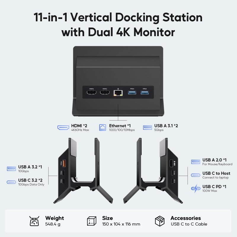 PULWTOP USB C Laptop Docking Station Dual Monitor, 11 in 1 Vertical Dock with 2 HDMI 4K, 3 USB A/C 10Gbps, 2USB-A 5Gbps, USB A 2.0, Ethernet, Docking Station Stand for Type-C Laptops - Black - Image 2