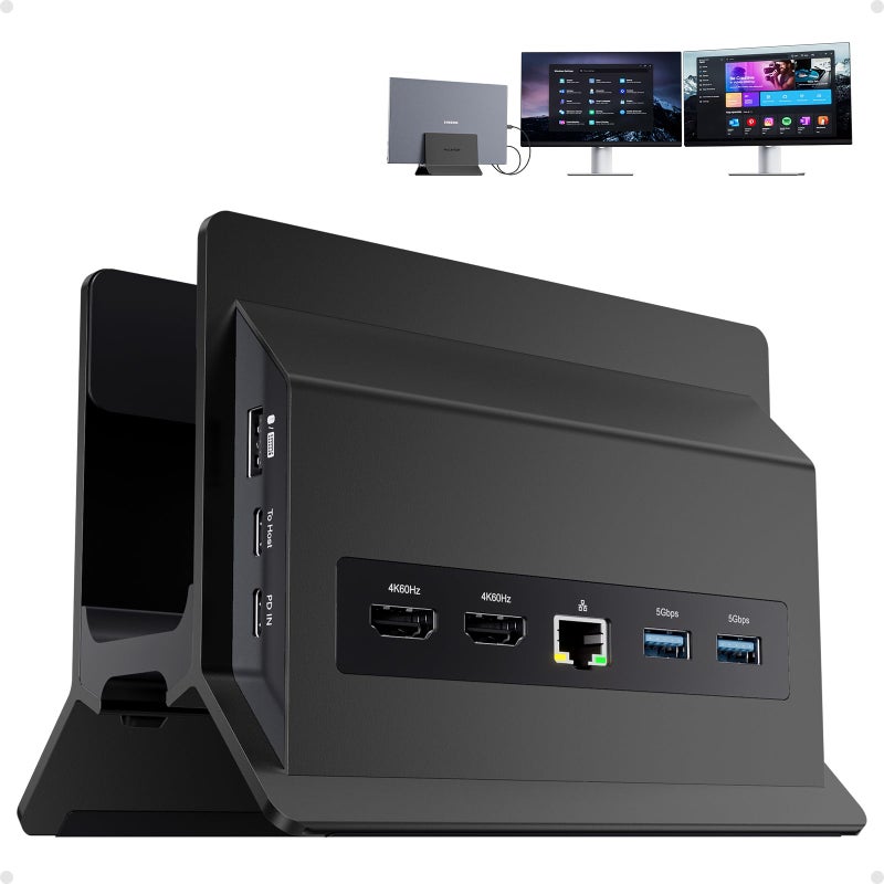 PULWTOP USB C Laptop Docking Station Dual Monitor, 11 in 1 Vertical Dock with 2 HDMI 4K, 3 USB A/C 10Gbps, 2USB-A 5Gbps, USB A 2.0, Ethernet, Docking Station Stand for Type-C Laptops - Black - Image 1
