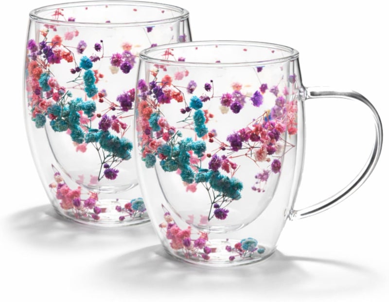 Double Walled Coffee Cups 350ml - Set of 2, Borosilicate Glass Mugs with Real Dry Flowers, Insulated Tea and Coffee Cups, Gift Set for Holiday and Valentine's Day (Multi-2)