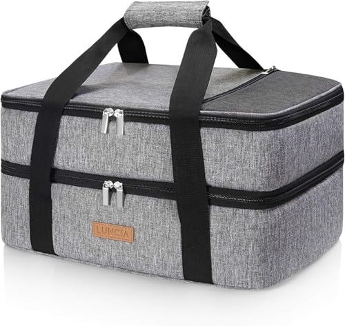 LUNCIA Double Decker Insulated Casserole Carrier for Hot or Cold Food, Lasagna Holder Tote for Potluck Parties/Picnic/Cookouts, Fits 9"x13" Baking Dish, Grey - Image 4