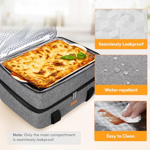 LUNCIA Double Decker Insulated Casserole Carrier for Hot or Cold Food, Lasagna Holder Tote for Potluck Parties/Picnic/Cookouts, Fits 9"x13" Baking Dish, Grey - Image 5