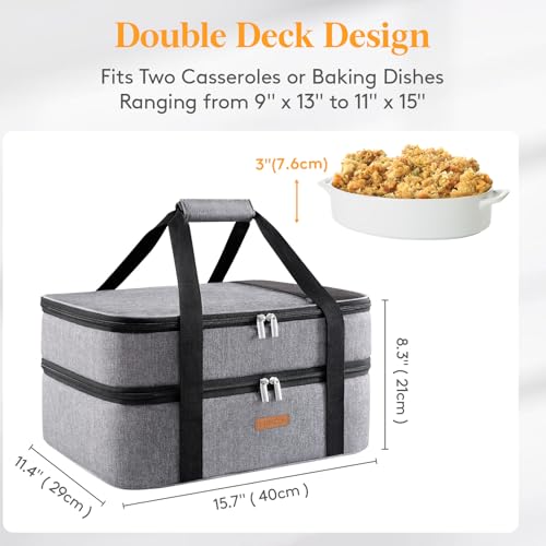 LUNCIA Double Decker Insulated Casserole Carrier for Hot or Cold Food, Lasagna Holder Tote for Potluck Parties/Picnic/Cookouts, Fits 9"x13" Baking Dish, Grey - Image 2