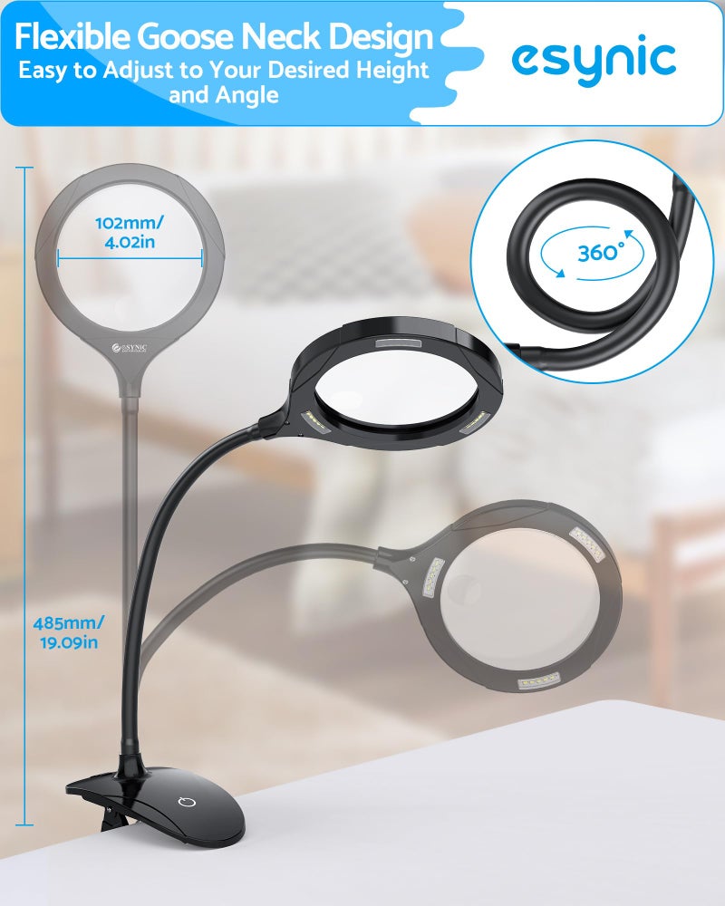 eSynic Magnifying Lamp with Light - 5X & 10X 110mm Large Lens with 15 LED Lights- USB-C Rechargeable & Flexible Gooseneck, Clamp&Base Dual Mount for Reading/Crafts/Repair [Acrylic Lens] - Image 2