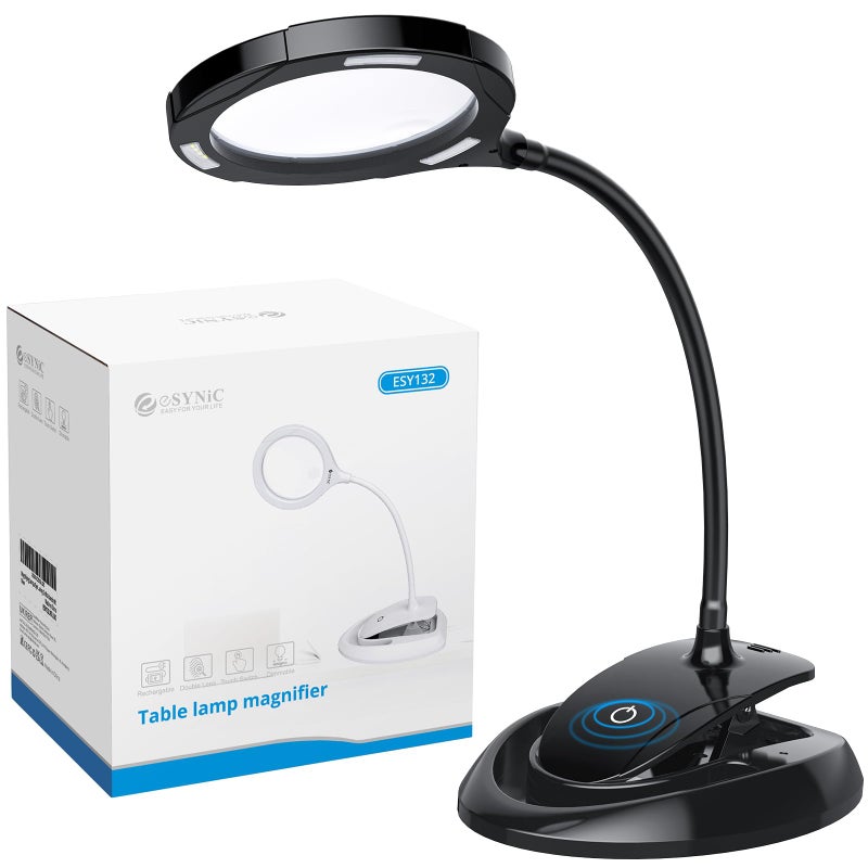 eSynic Magnifying Lamp with Light - 5X & 10X 110mm Large Lens with 15 LED Lights- USB-C Rechargeable & Flexible Gooseneck, Clamp&Base Dual Mount for Reading/Crafts/Repair [Acrylic Lens] - Image 1