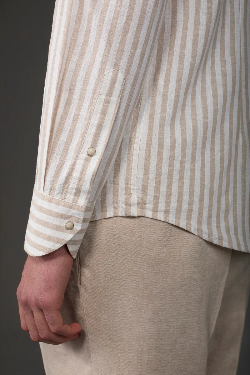 Doppelganger Multicolour Men's casual shirt with French collar in striped washed linen and cotton fabric - White/Beige for Men | Best Price UAE