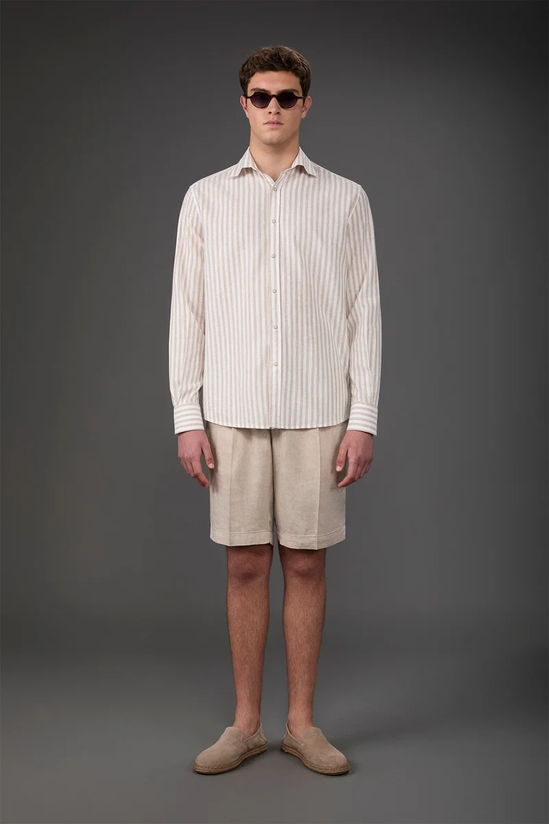 Men's casual shirt with French collar in striped washed linen and cotton fabric - White/Beige