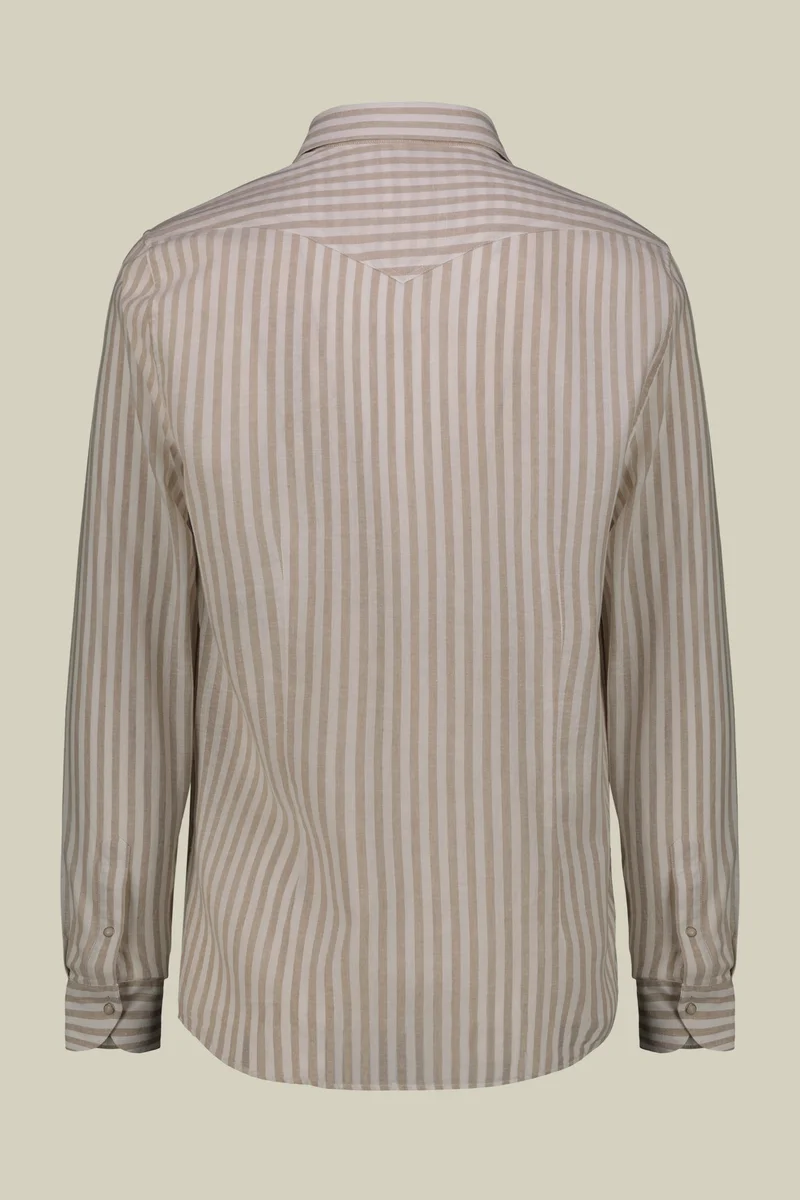 Doppelganger Multicolour Men's casual shirt with French collar in striped washed linen and cotton fabric - White/Beige for Men | Best Price UAE