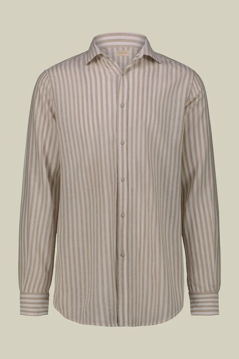 Doppelganger Multicolour Men's casual shirt with French collar in striped washed linen and cotton fabric - White/Beige for Men | Best Price UAE