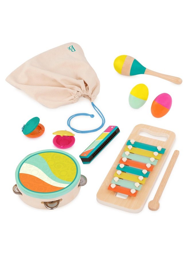 B. Toys - B. toys- Make a Melody- 9pc Wooden Musical Instruments - Xylophone, Tambourine, Harmonica - Drawstring Storage Bag - 2 Years + - Image 1