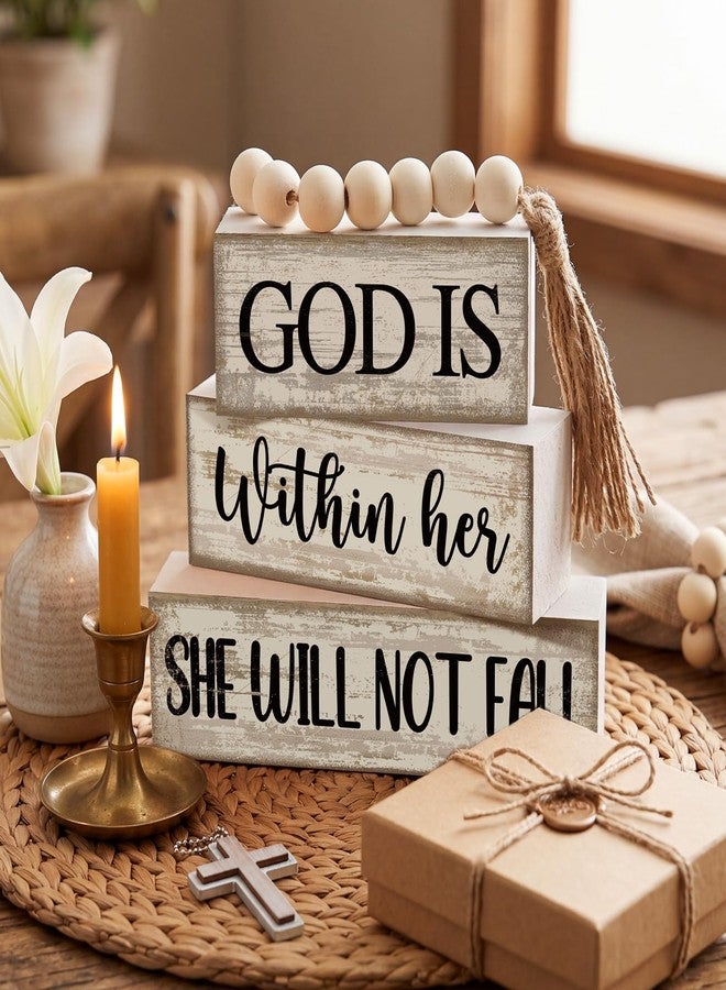 Lineshading 4 Pcs Christian Table Decor Rustic Wooden Block Sign Set with God Is Within Her She Will Not Fall Farmhouse Stacked Decor with Beaded Garland Tassel Christian Home Decors for Office, Shelf - Image 4